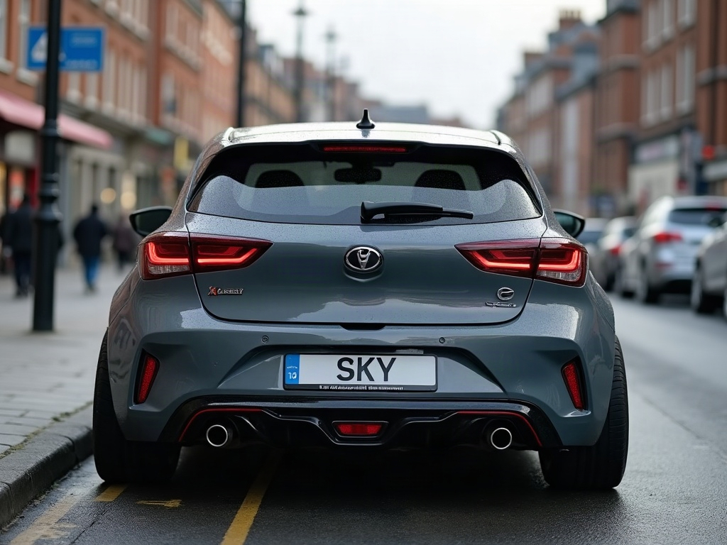 A photorealistic graphite grey sporty hatchback — AI car build by @tyuser