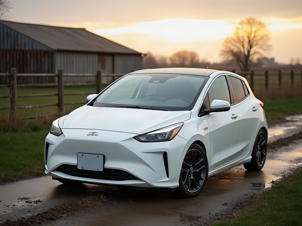 A photorealistic white compact electric hatchback — AI car build by @dreamiing
