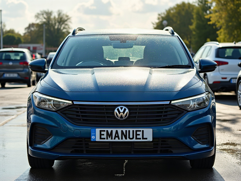 A photorealistic dark blue family hatchback — AI car build by @montheureux