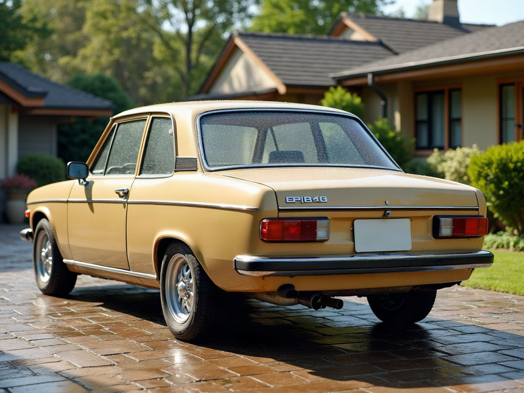 A photorealistic sand retro-styled hatchback — AI car build by @rowanfairbairn