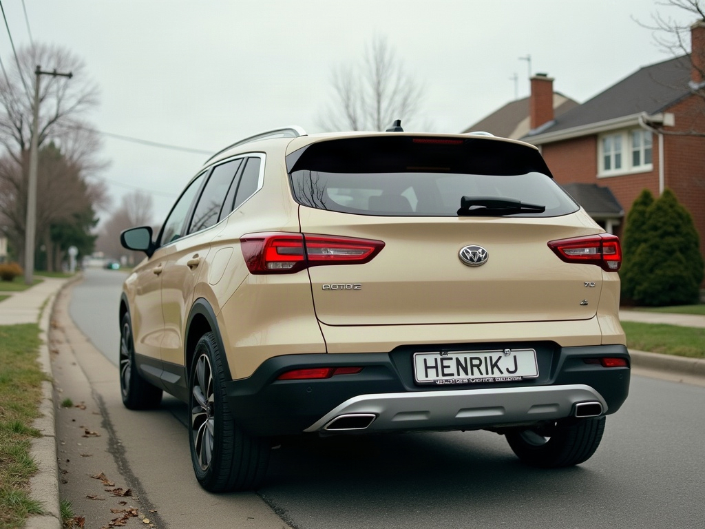 A photorealistic beige mid-size crossover — AI car build by @henrikjosander