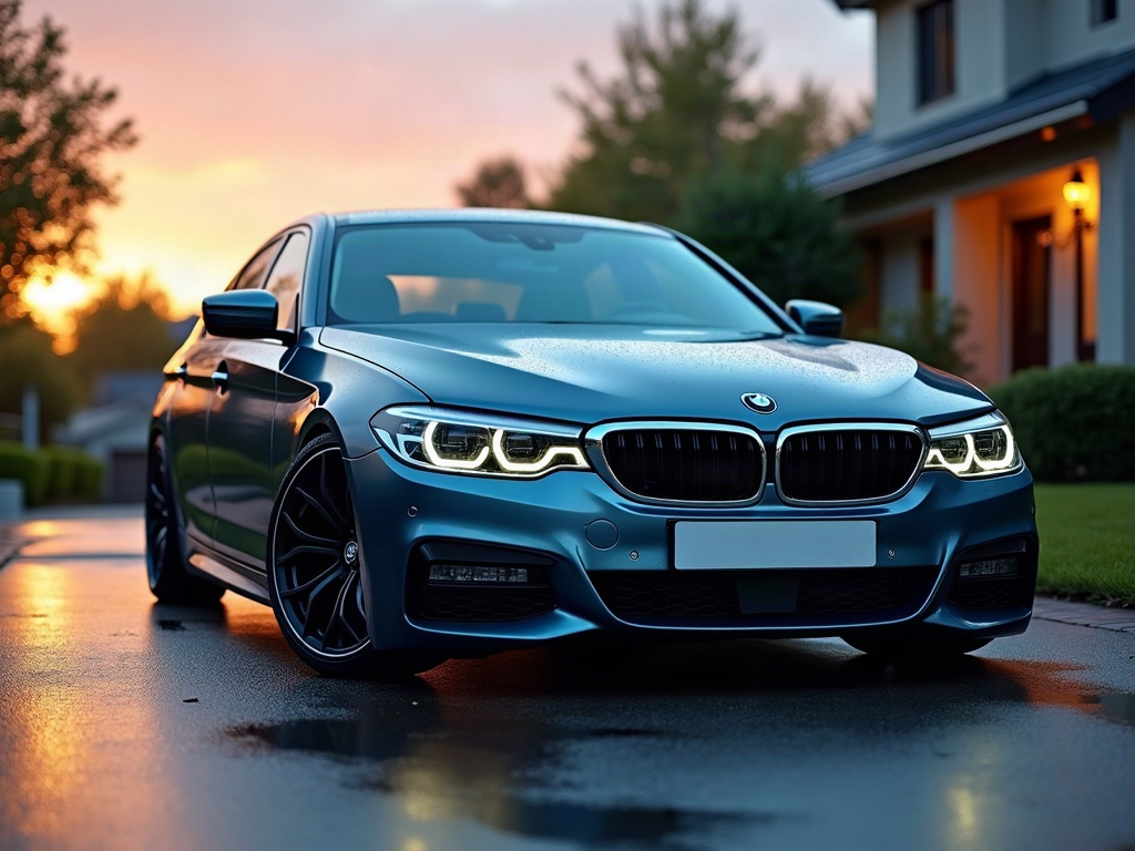 A photorealistic steel blue executive sedan — AI car build by @silviavianello75
