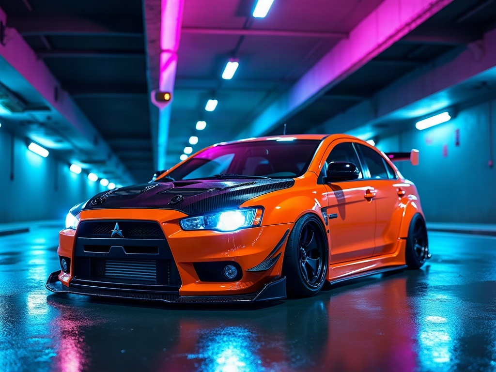 A photorealistic vibrant-orange street tuner hatchback with an exposed — AI car build by @fepol