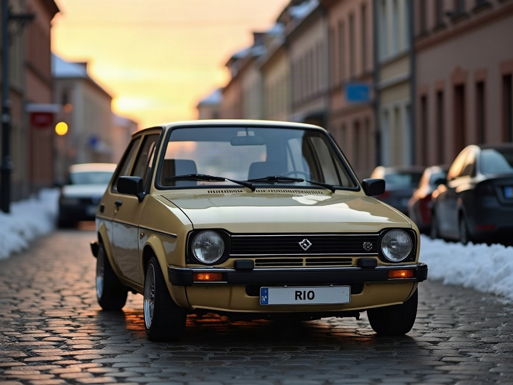 A photorealistic beige small city car — AI car build by @johannapvorster