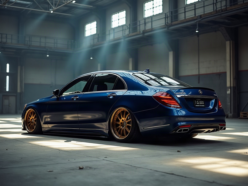 A photorealistic slammed executive sedan in deep navy on air suspensio — AI car build by @saritavieira76
