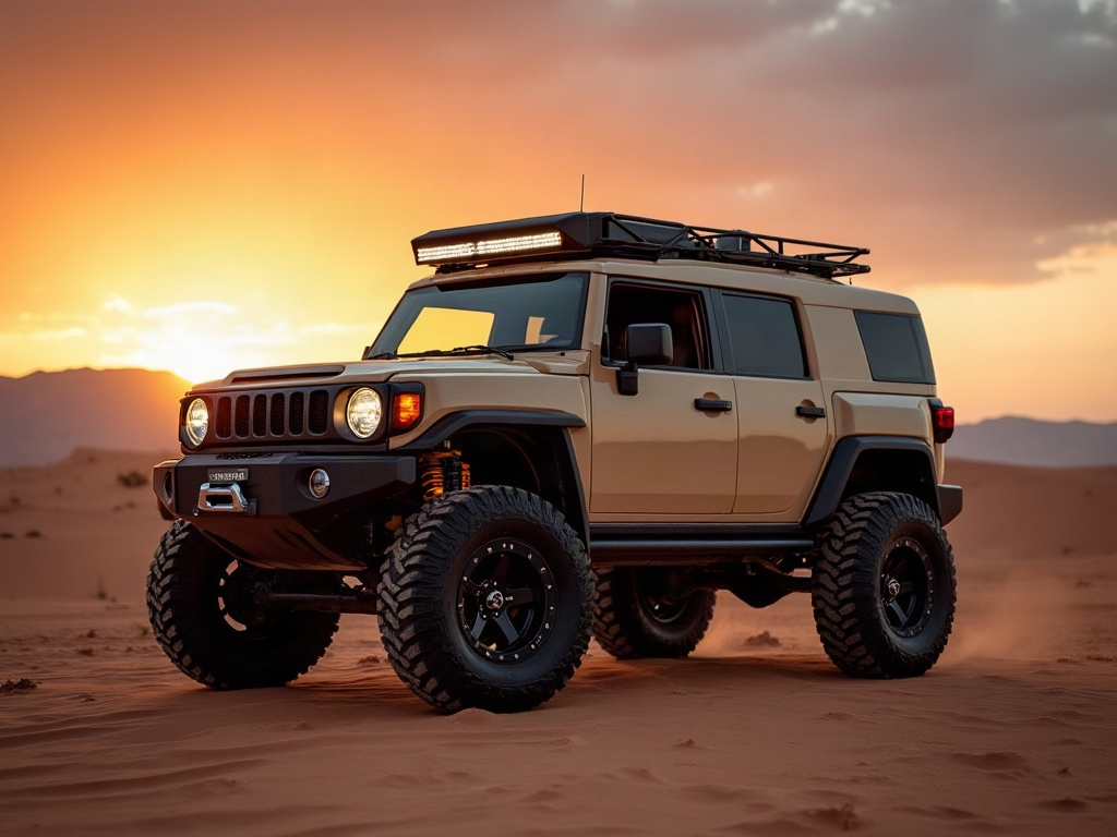 A photorealistic lifted overland pickup truck in sand beige with a roo — AI car build by @saritavieira76