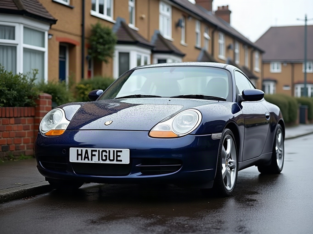 A photorealistic dark blue modest two-door coupe — AI car build by @hafigueroa