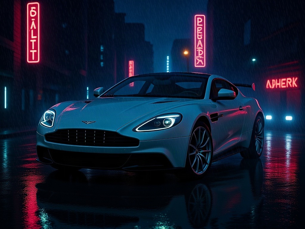 Place the car on a rainy city street at night with neon signs reflecti — AI car build by @king