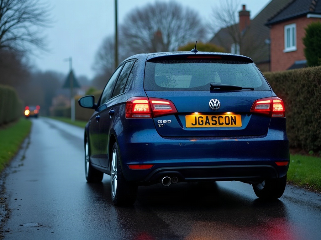 A photorealistic navy blue five-door hatchback — AI car build by @akpobikevin