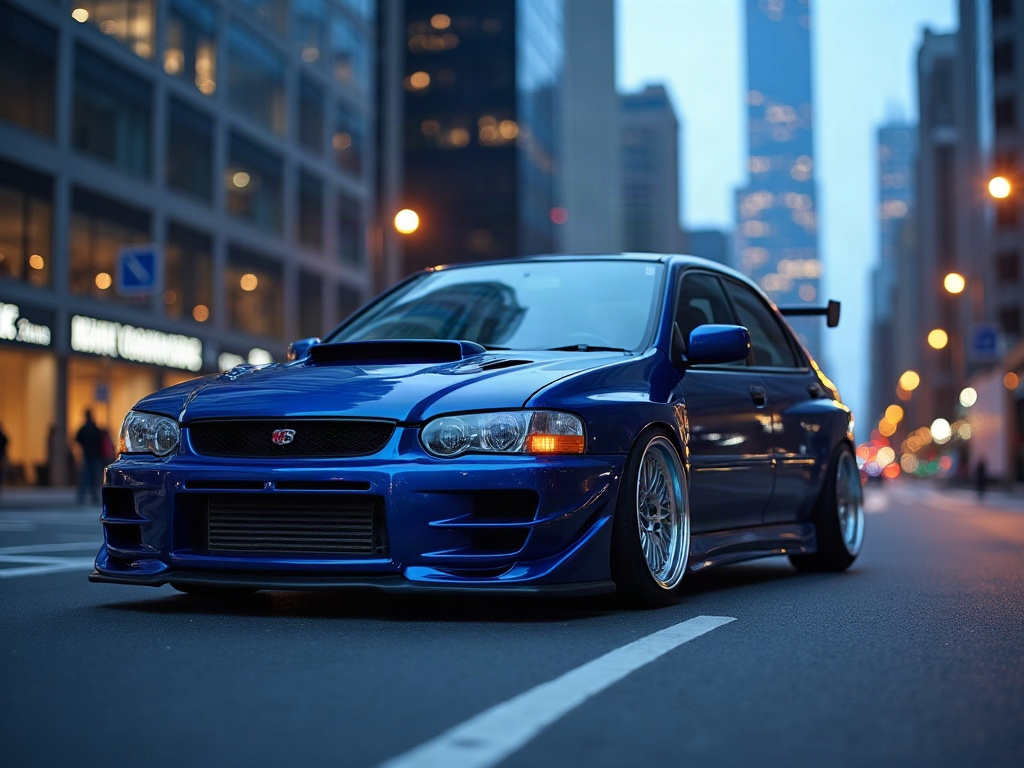A photorealistic midnight blue rally-spec hatchback with silver cross- — AI car build by @elcastilprof