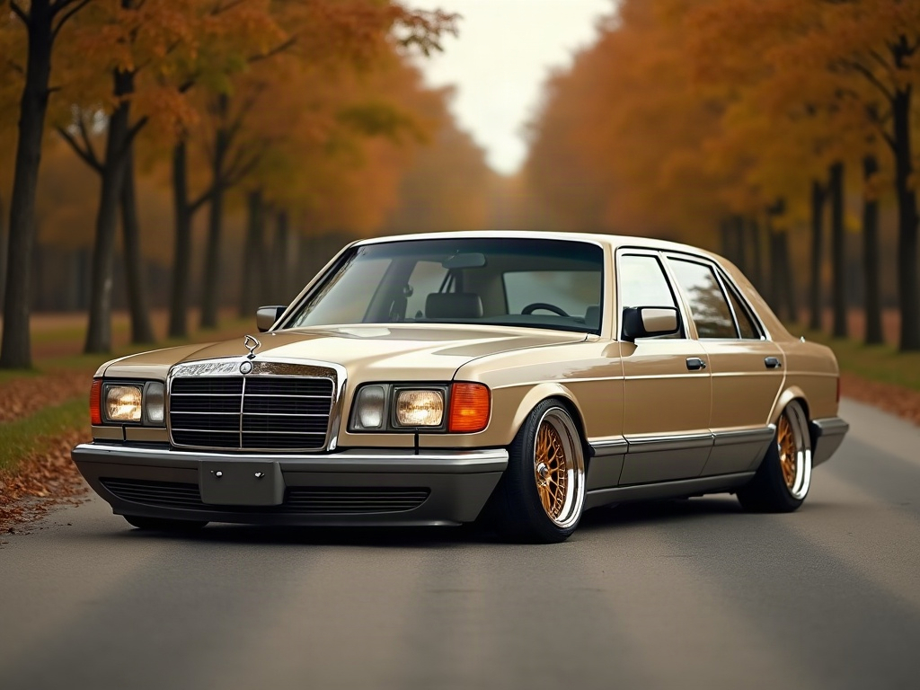 A photorealistic sand beige slammed executive sedan with bronze five-s — AI car build by @elcastilprof