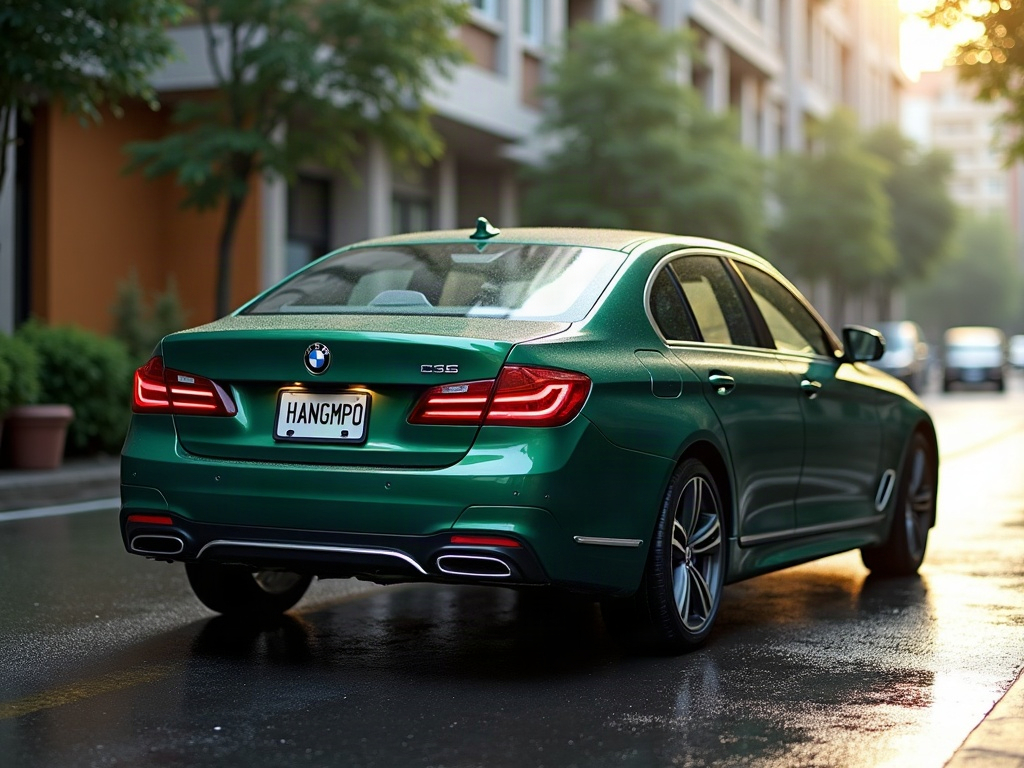 A photorealistic forest green executive sedan — AI car build by @hangmp0112