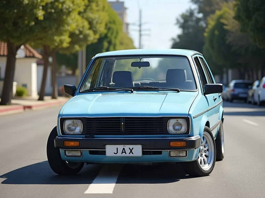 A photorealistic light blue older classic sedan — AI car build by @tspevick