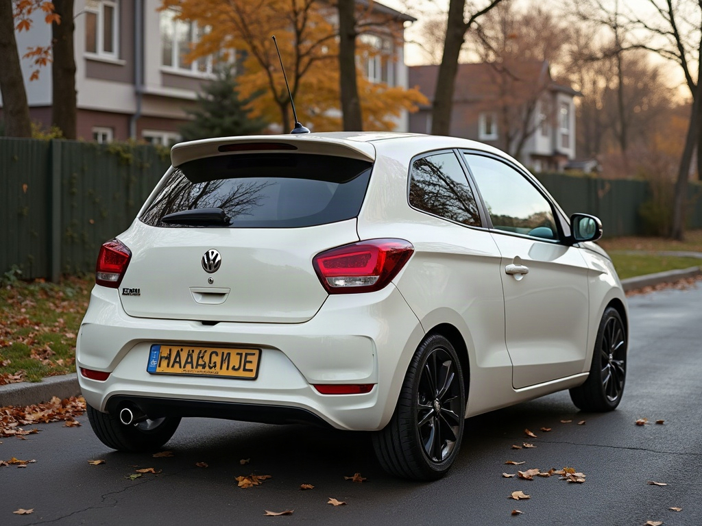 A photorealistic ivory compact hatchback — AI car build by @maartjefrancien