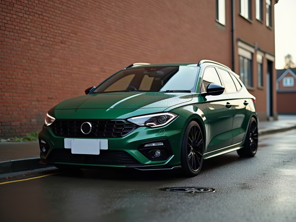 A photorealistic forest green mid-size family car — AI car build by @diogoalcada