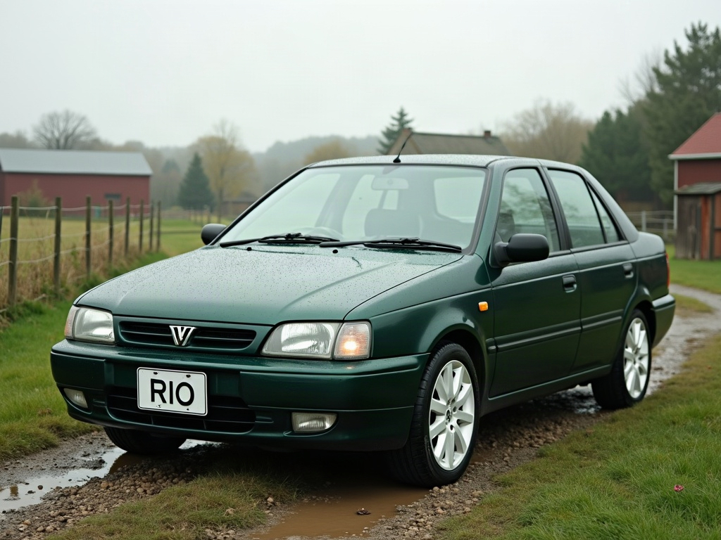 A photorealistic dark green four-door saloon car — AI car build by @diogoalcada