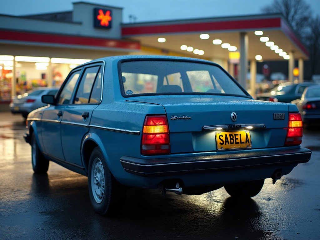 A photorealistic steel blue compact sedan — AI car build by @isabelacorduneanu