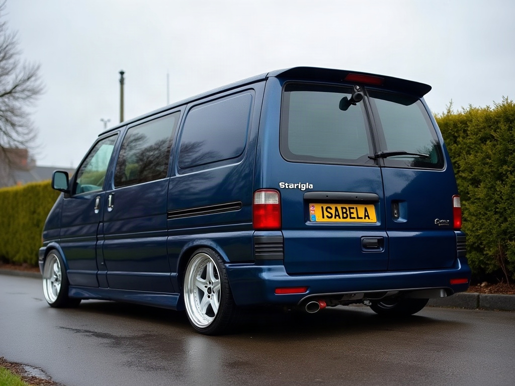 A photorealistic navy blue small delivery van — AI car build by @isabelacorduneanu