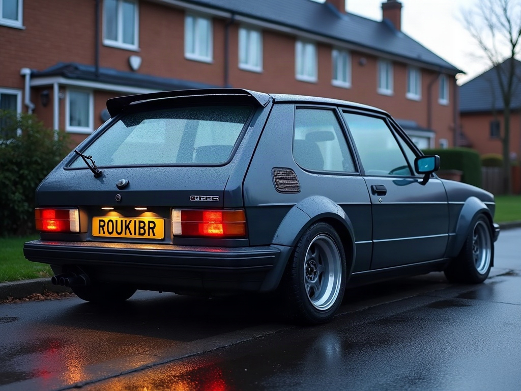 A photorealistic gunmetal grey retro-styled hatchback — AI car build by @roukibrand
