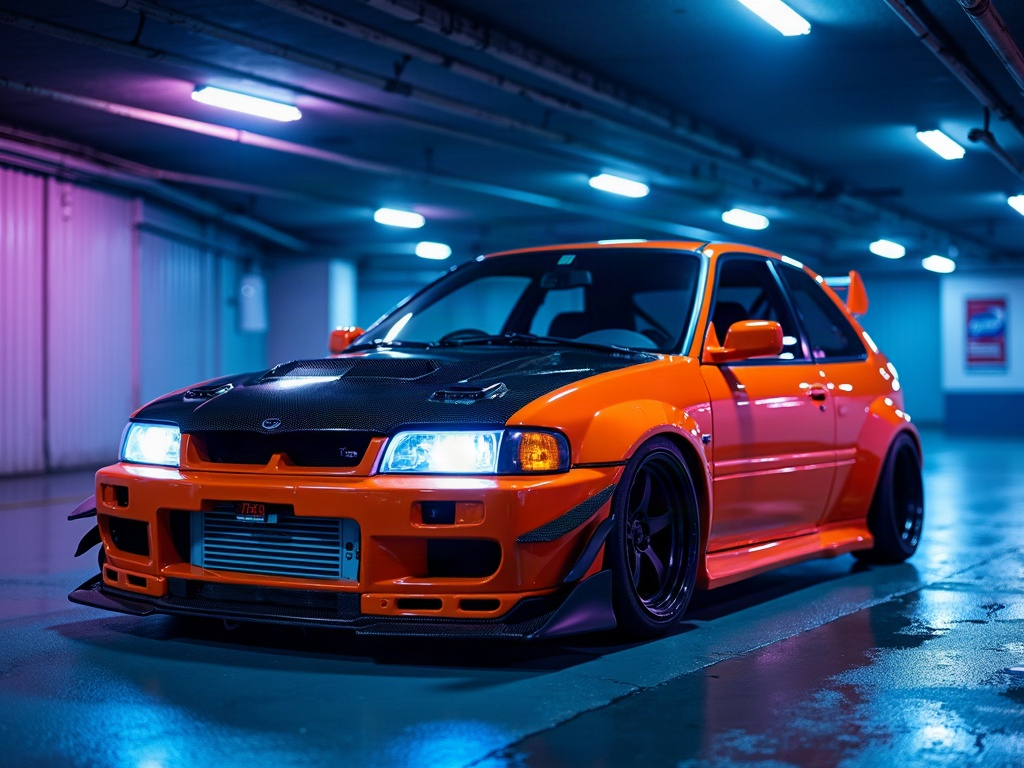 A photorealistic vibrant-orange street tuner hatchback with an exposed — AI car build by @brittanymoore