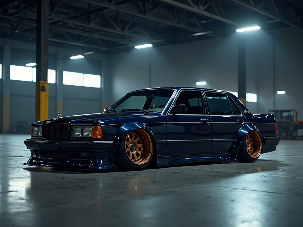 A photorealistic slammed executive sedan in deep navy on air suspensio — AI car build by @jessmartinez