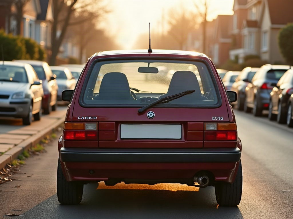 A photorealistic maroon family hatchback — AI car build by @redflowersjoo