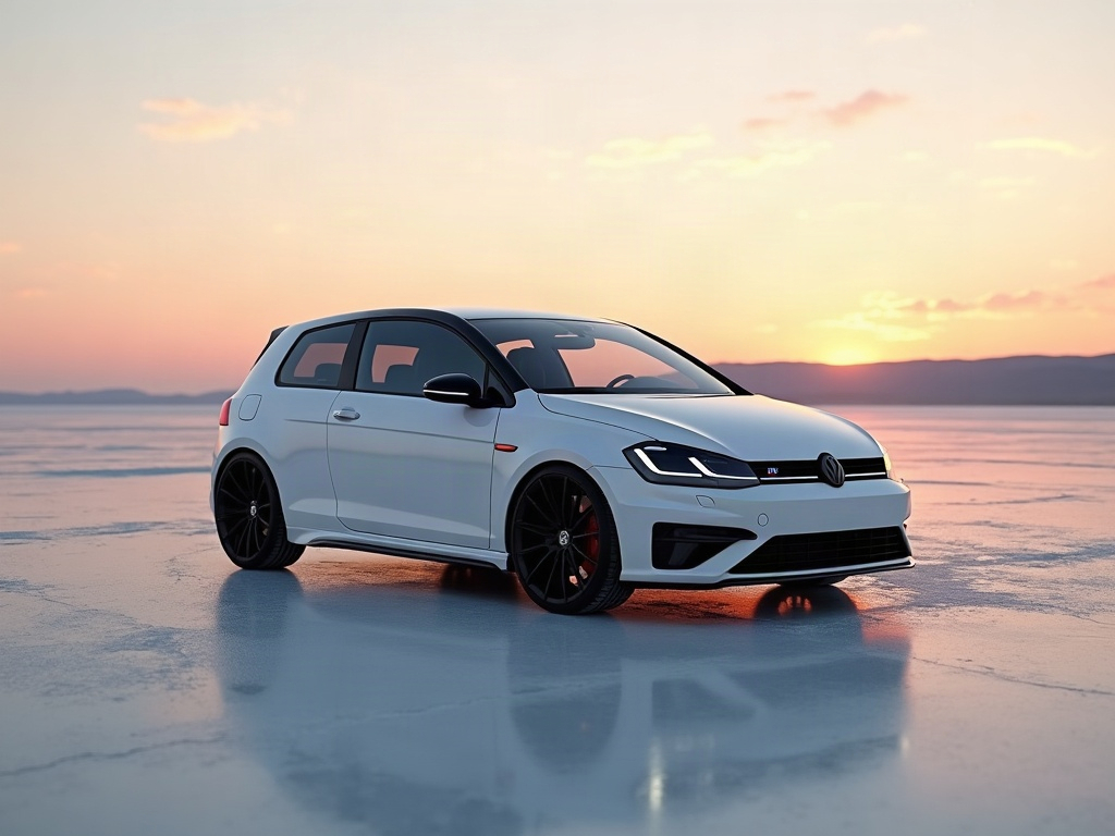 A photorealistic pearl white compact hot hatch with matte-black turbof — AI car build by @maquedaurbino