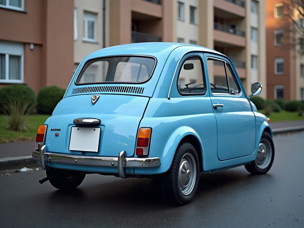 A photorealistic sky blue compact hatchback — AI car build by @krawczyklid