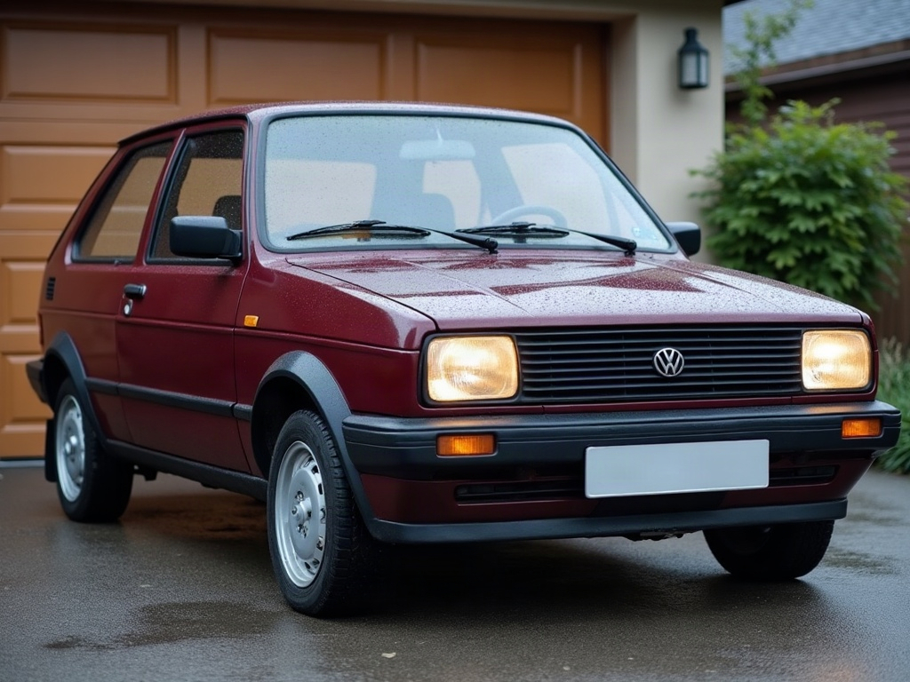 A photorealistic maroon retro-styled hatchback — AI car build by @anaiscwy1103