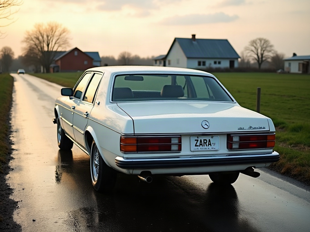 A photorealistic white older classic sedan — AI car build by @finleymyrn