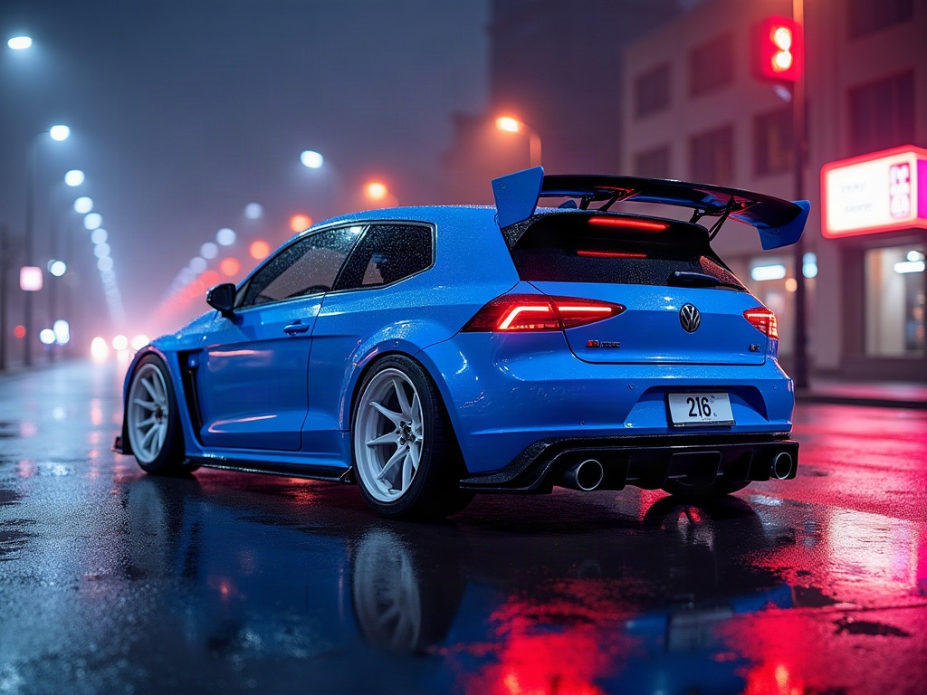 A photorealistic electric-blue hot hatch with a large rear wing and wh — AI car build by @chrisdavistx