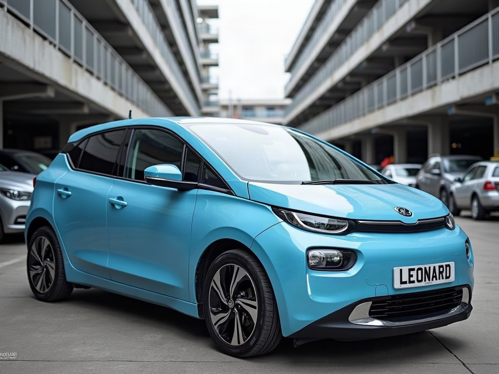 A photorealistic sky blue compact electric hatchback — AI car build by @mohamedwadoud1999