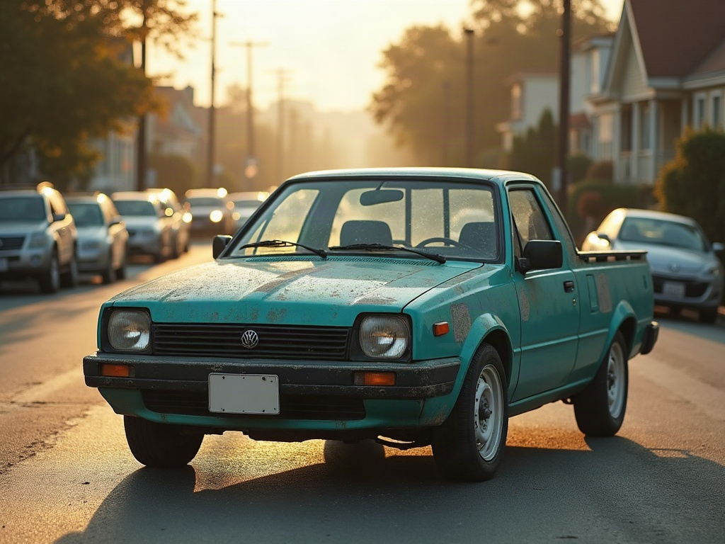 A photorealistic teal small pickup — AI car build by @drorosz