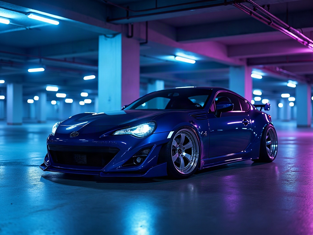 A photorealistic midnight blue low-slung sports car with chrome multi- — AI car build by @arcanjo3838