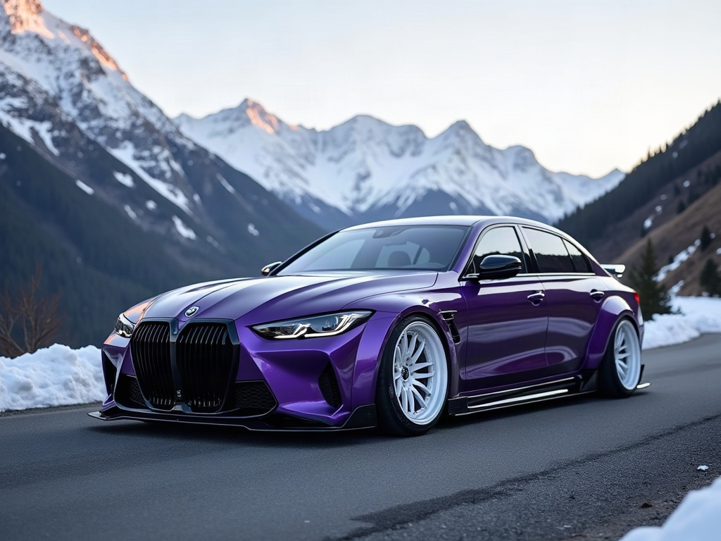 A photorealistic deep purple slammed executive sedan with white race w — AI car build by @jaspmp55