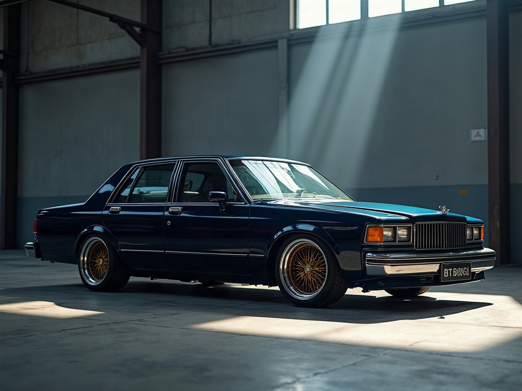 A photorealistic slammed executive sedan in deep navy on air suspensio — AI car build by @jaspmp55