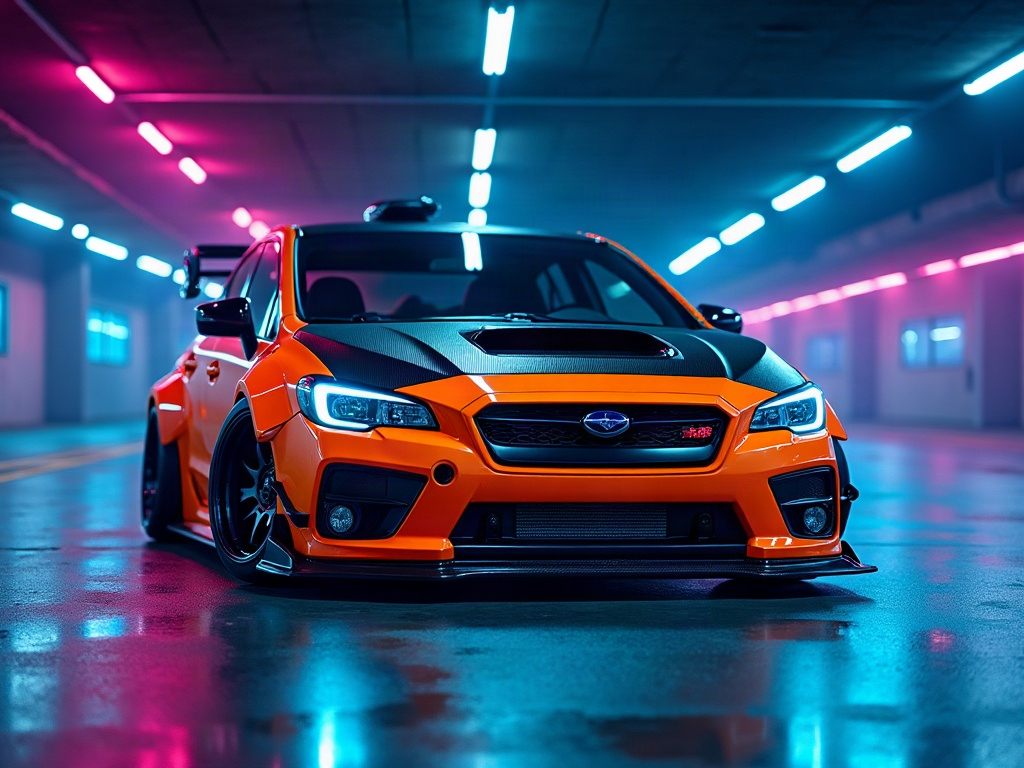 A photorealistic vibrant-orange street tuner hatchback with an exposed — AI car build by @selusj