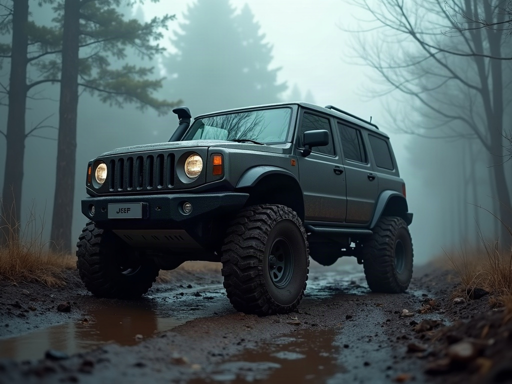 A photorealistic gunmetal-grey rugged off-road SUV with raised suspens — AI car build by @selusj