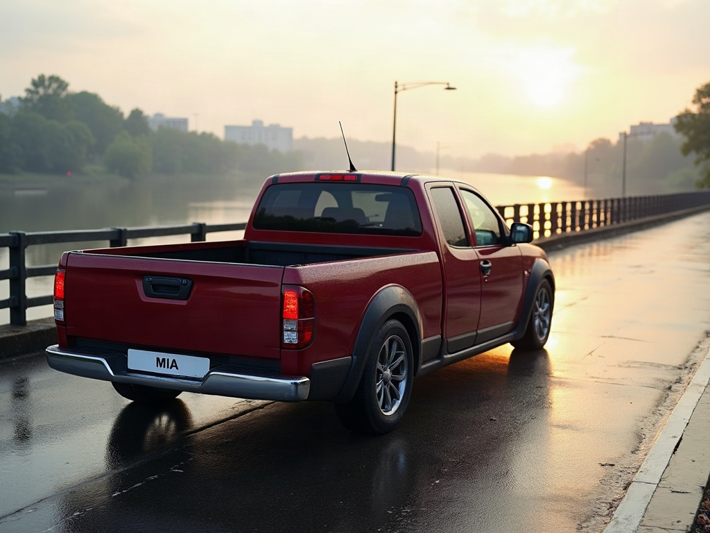 A photorealistic maroon small pickup — AI car build by @offehkome7