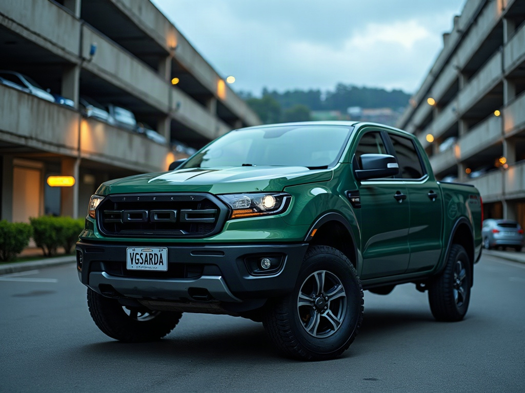 A photorealistic forest green double-cab pickup truck — AI car build by @vgsardas