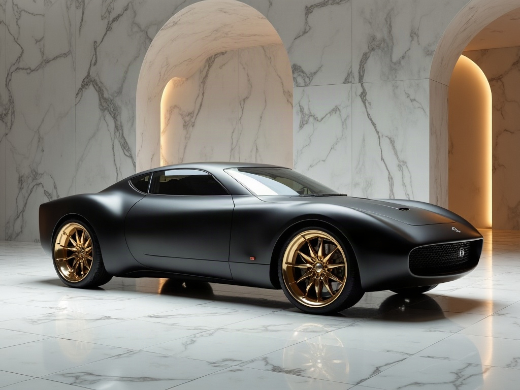 A photorealistic matte black retro-futuristic coupe with gold split-sp — AI car build by @wrench_leo