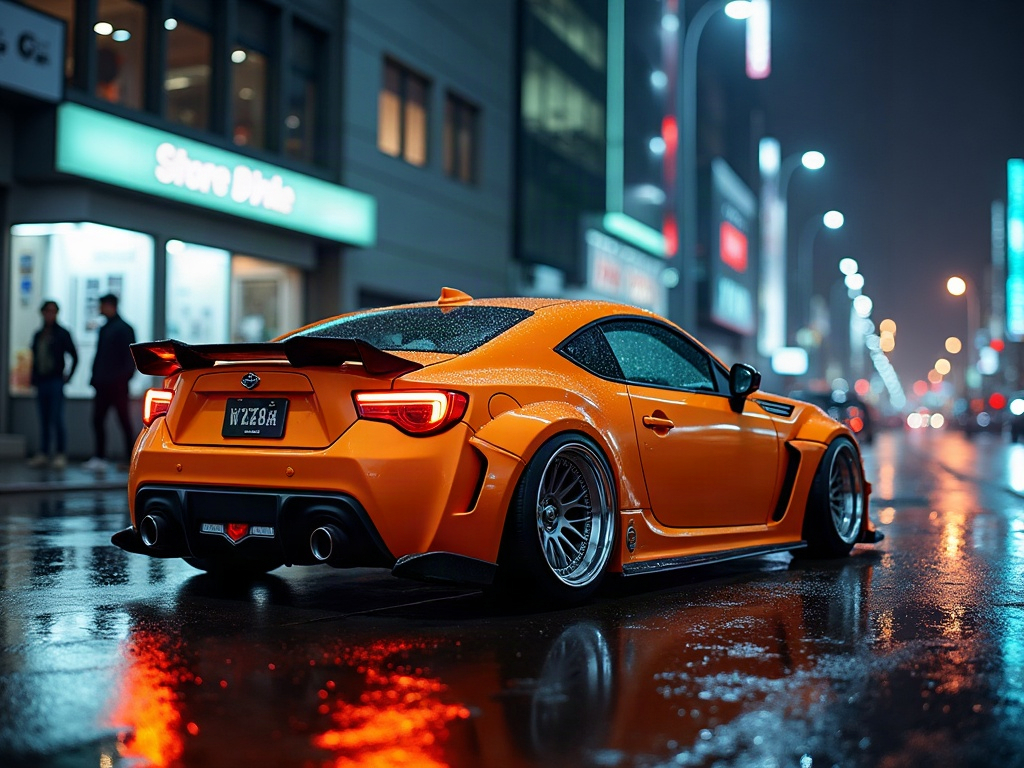 A photorealistic vibrant orange JDM widebody hot hatch with chrome mul — AI car build by @yempelu