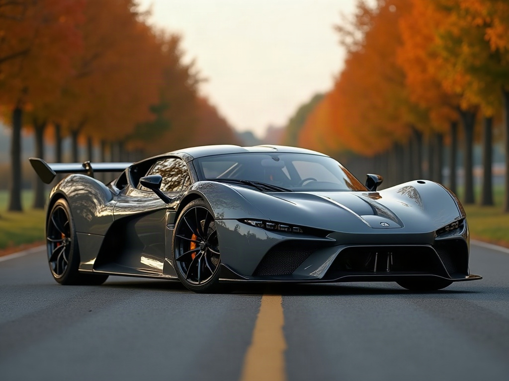 A photorealistic gunmetal grey exotic mid-engine supercar with satin-b — AI car build by @ravenmfm