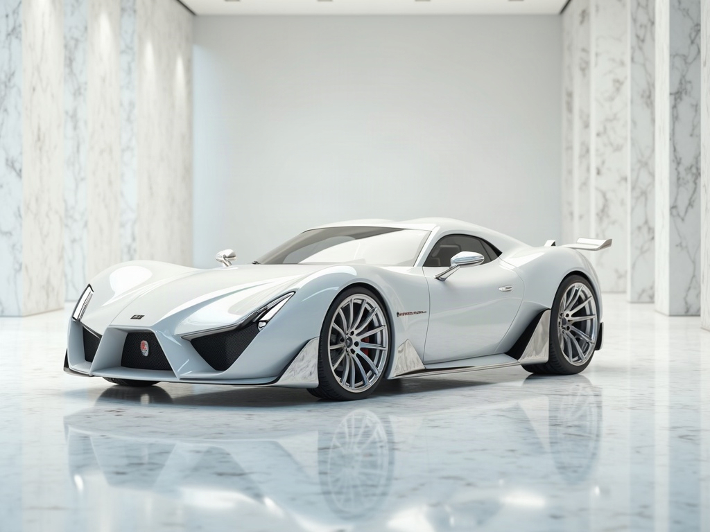 A photorealistic pearl-white luxury sports coupe with polished chrome — AI car build by @brandongarcia