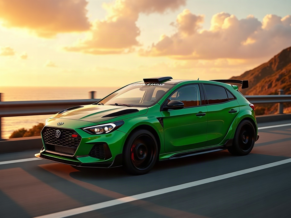 A photorealistic British racing green rally-spec hatchback with gloss- — AI car build by @apex_liam