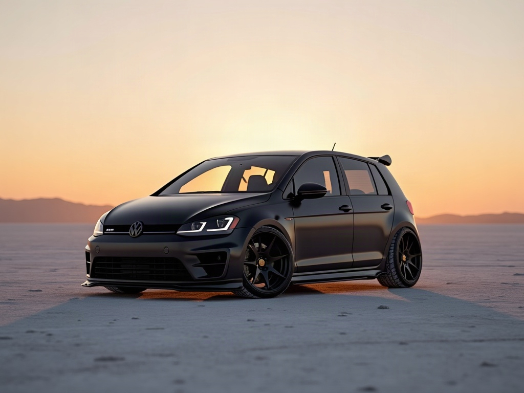 A photorealistic matte black compact hot hatch with matte-black turbof — AI car build by @abuxatom