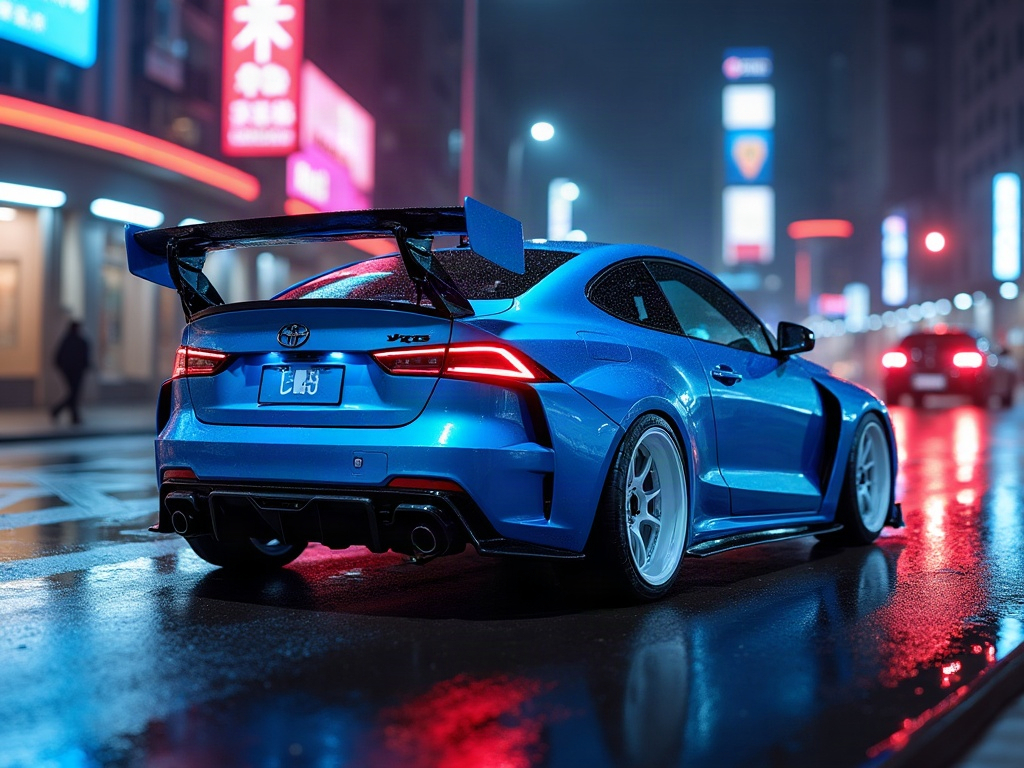 A photorealistic electric-blue hot hatch with a large rear wing and wh — AI car build by @abuxatom