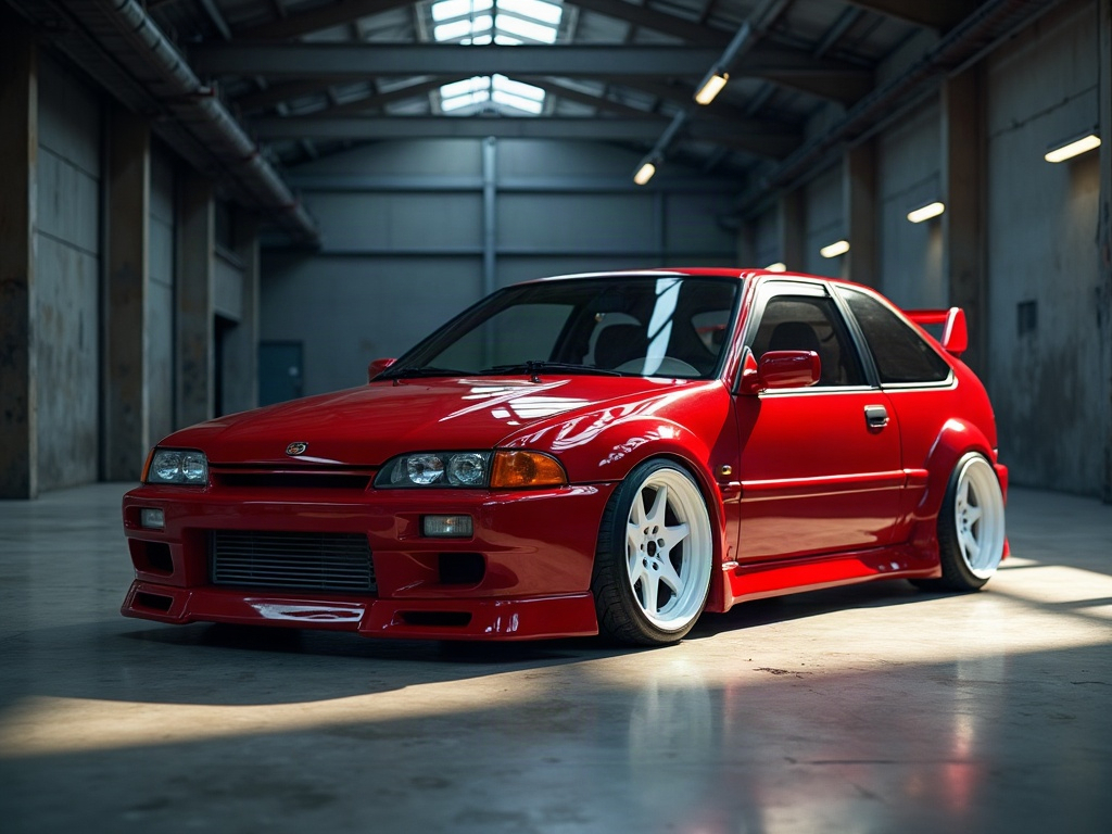 A photorealistic blood red street tuner hatchback with white race whee — AI car build by @adrissamaraguirra