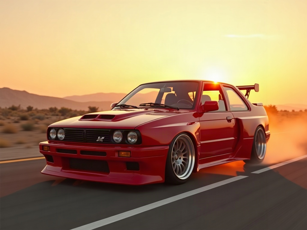 A photorealistic candy-apple red JDM widebody hot hatch with chrome mu — AI car build by @depernia