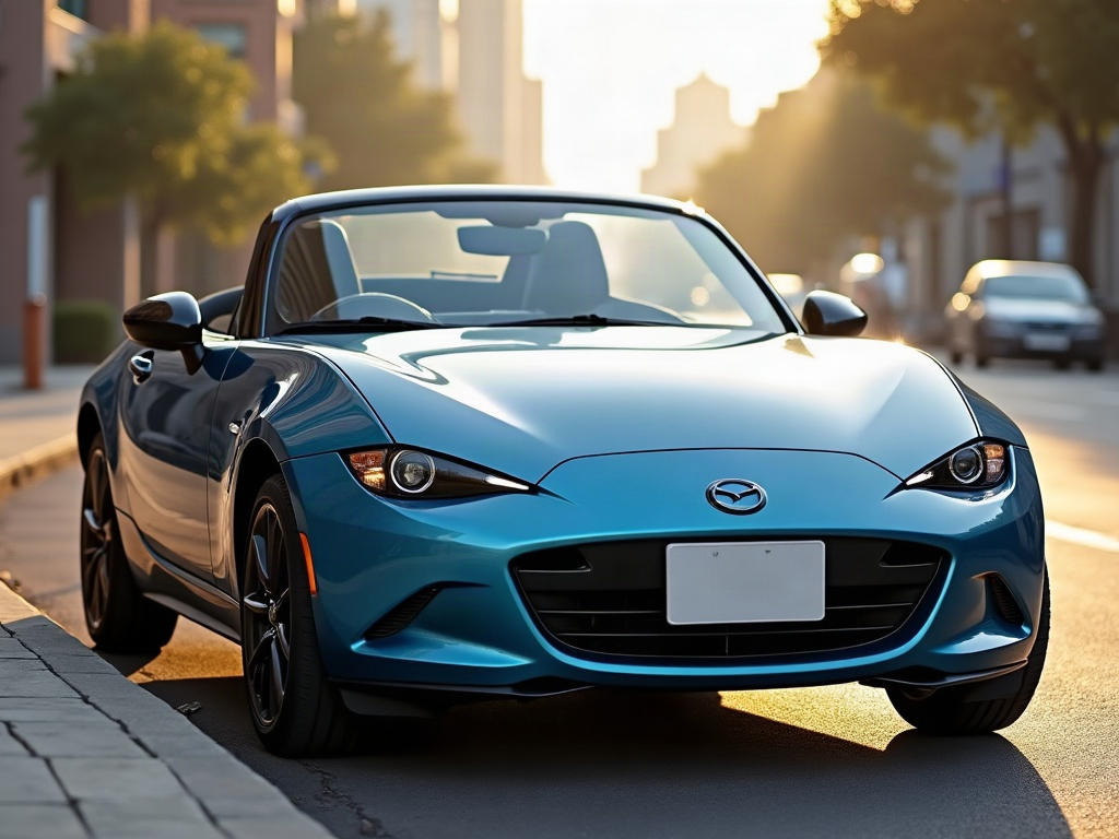A photorealistic steel blue small convertible — AI car build by @icehristov2004